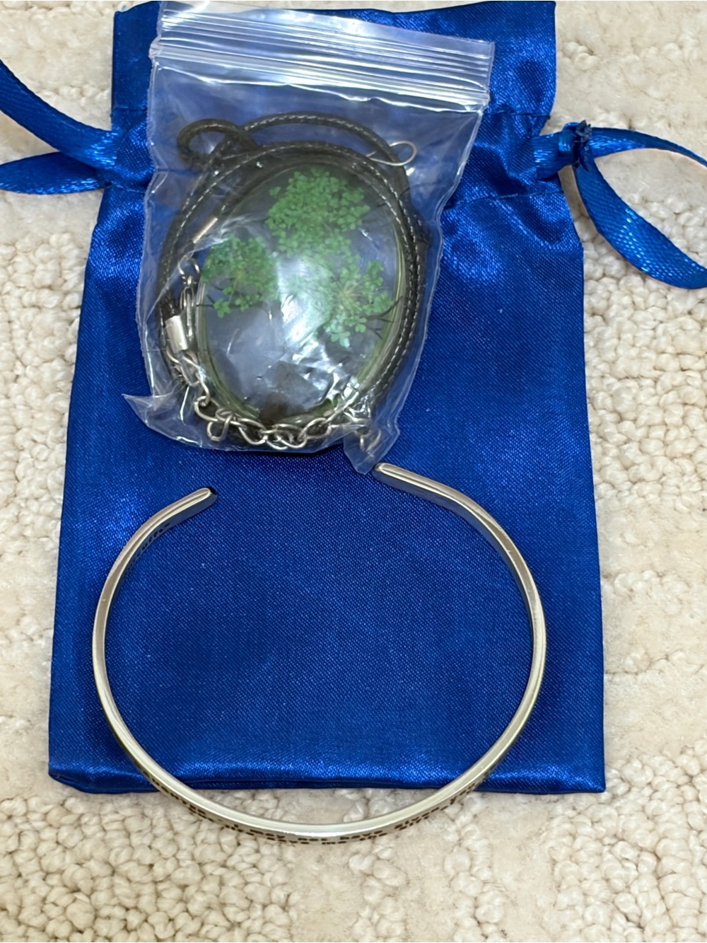 new directions Silver Cuff Bracelet and Green Pendant Necklace